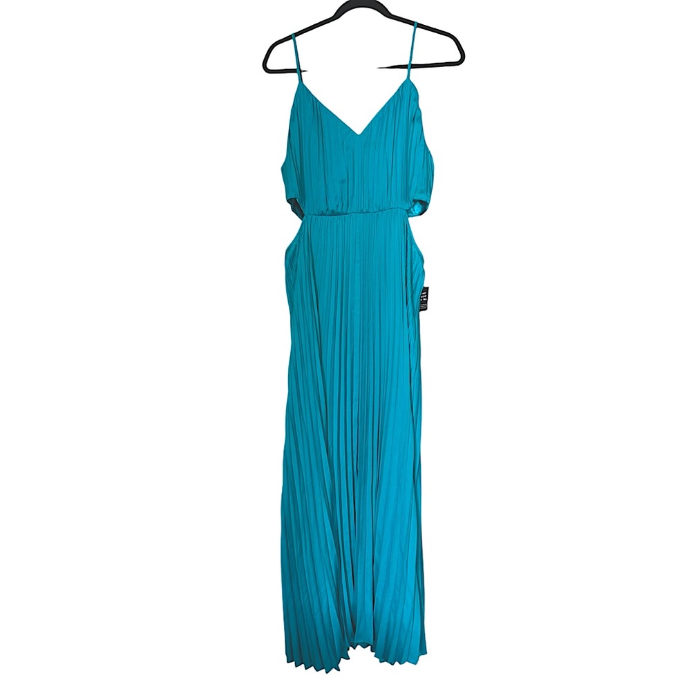 EXPRESS teal pleated spaghetti strap cut out maxi dress size Large - NWT! - Picture 2 of 9